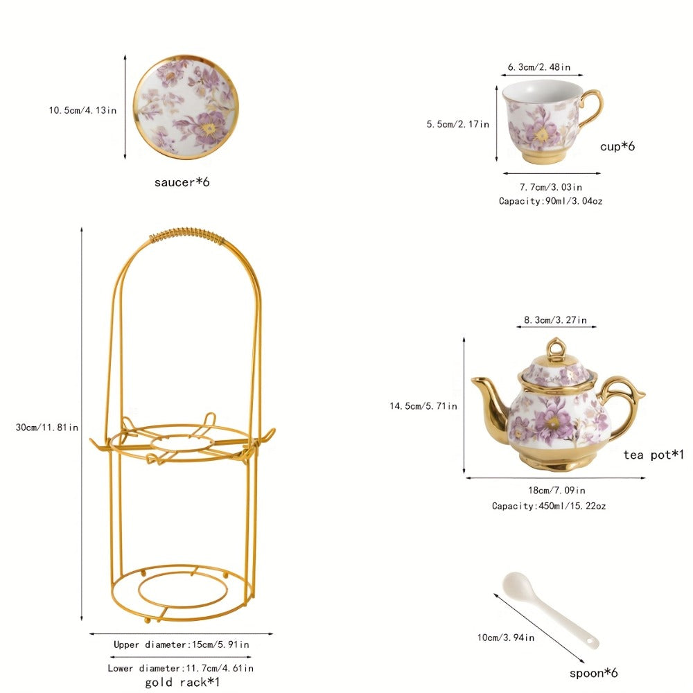20-Piece Floral Ceramic Tea Set with Saucers & Metal Stand, European Afternoon Tea Service, Blooming Design