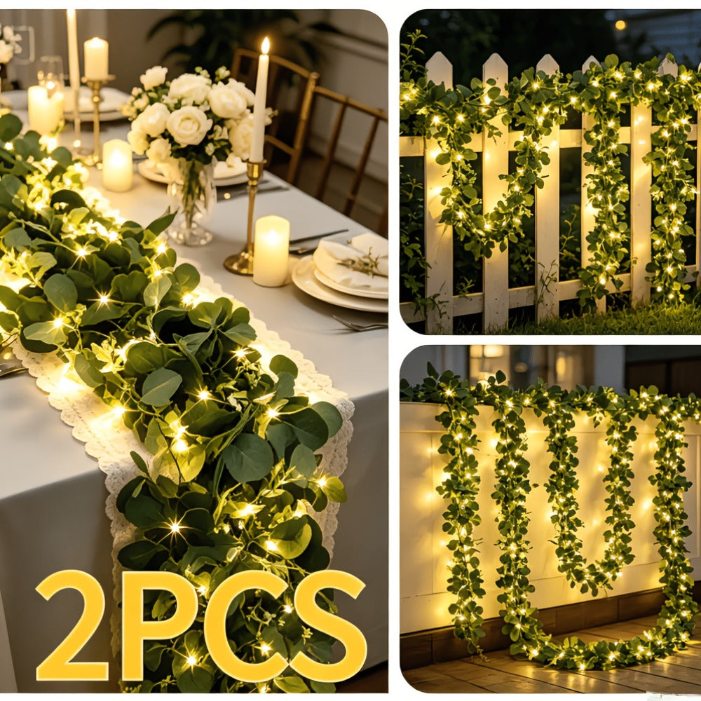 Lighted Eucalyptus Wreath Garland 6FT LED 2 Pack - Artificial Green Vine with Lights for Wedding Centerpiece