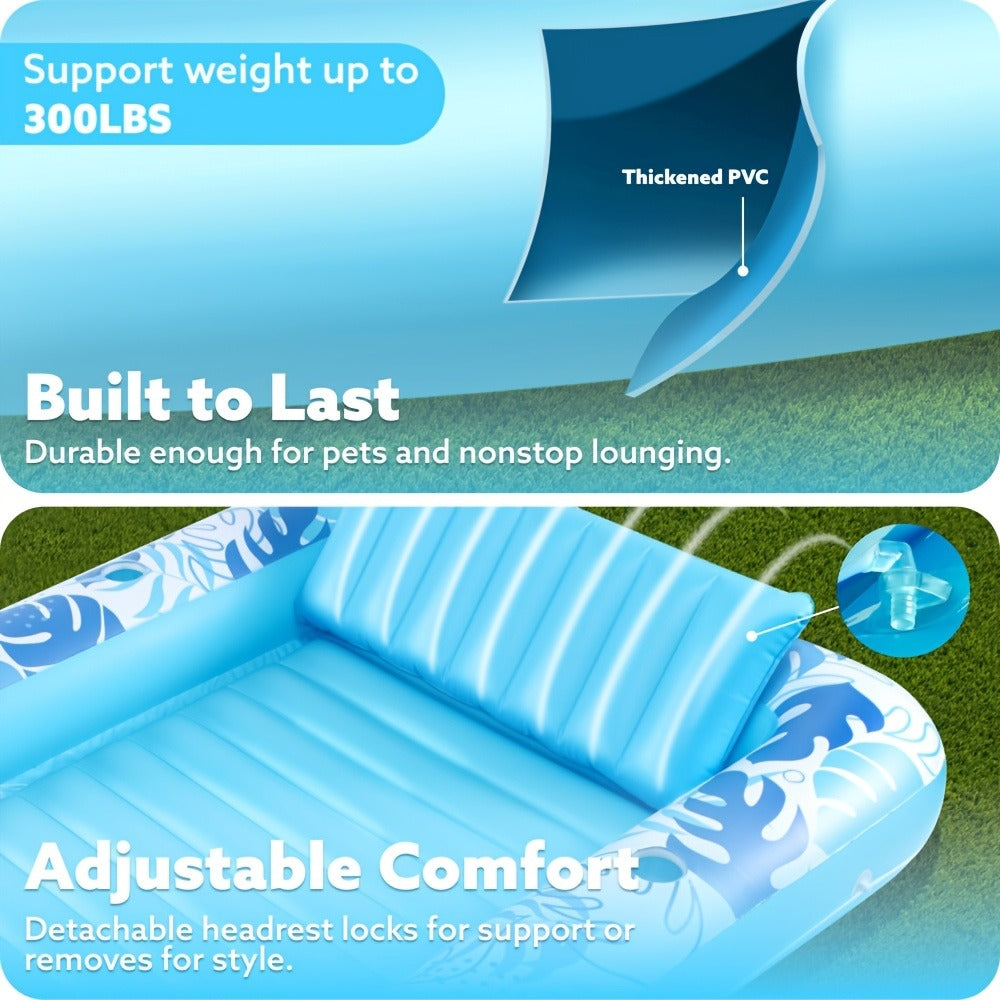 70 x 46-Inch Inflatable Pool Float Tanning Bed in Blue with Open Center, Ribbed Base and Raised Pillow