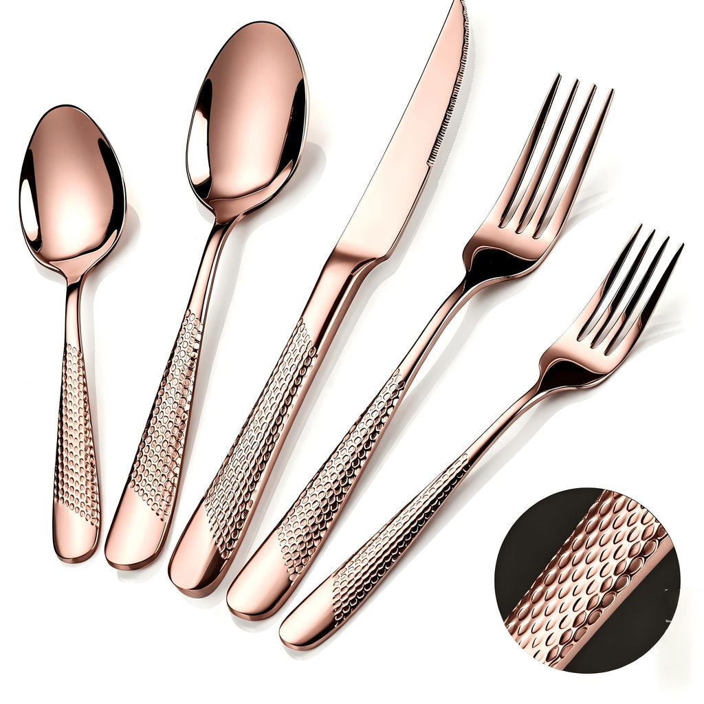 40- or 48-Piece Hammered-Handle Flatware Set in Rose Gold or Silver with Option-Specific Knives