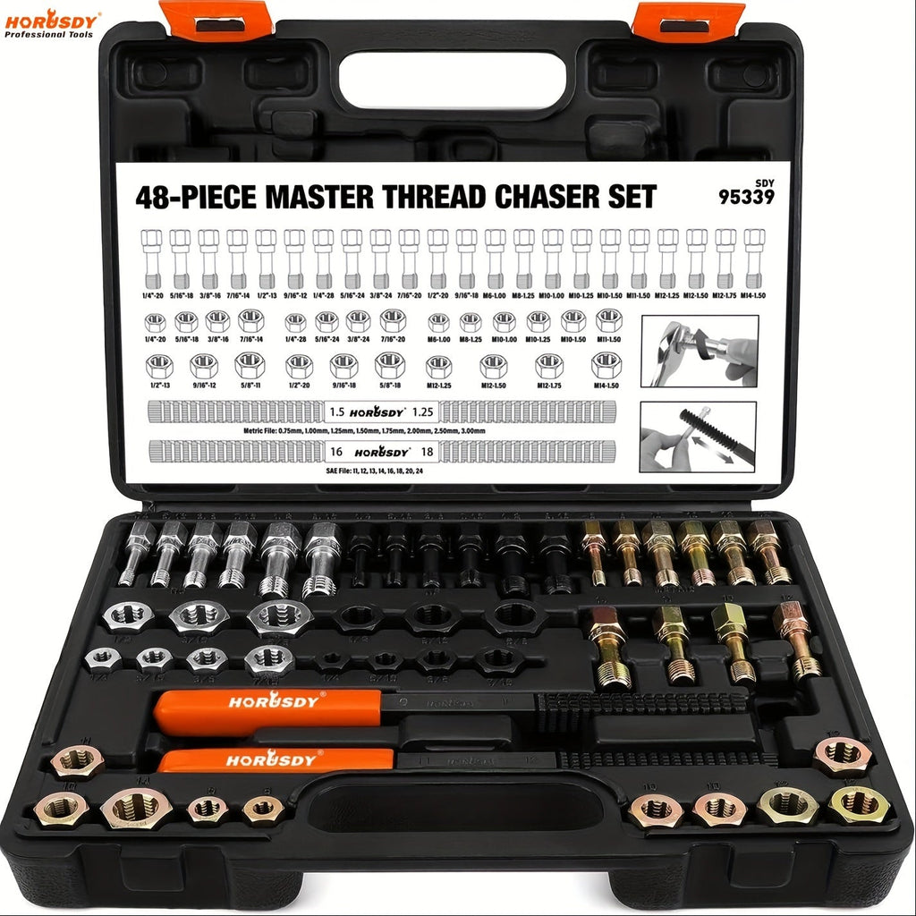Thread Repair Kit 48-Piece – UNF UNC & Metric Tap and Die Rethreading Set, SAE & Metric Thread Chaser for Bolt & Nut Repair