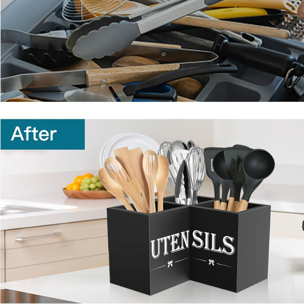 Utensil Caddy Kitchen Organizer 3-Compartment Solid Wood Countertop Holder in Black Farmhouse Style