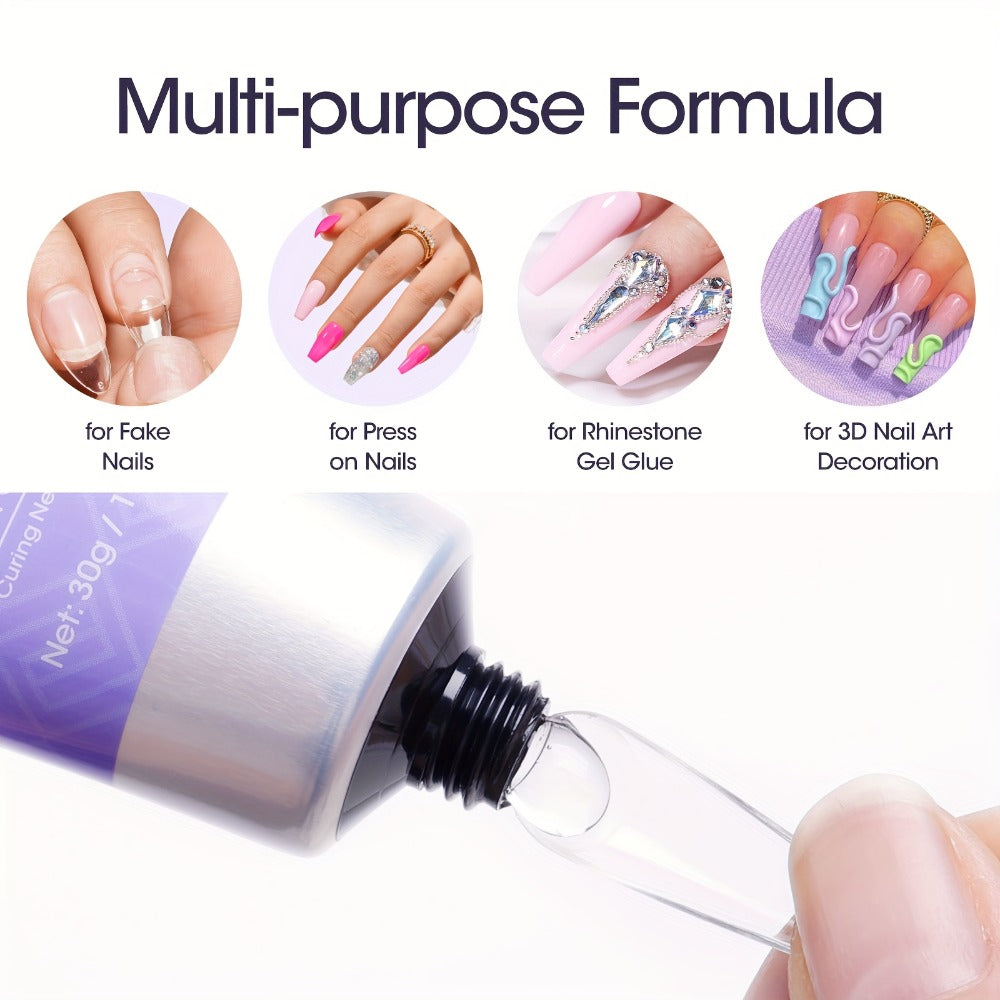 Solid Nail Glue Gel for Press On Nails 30g with UV Nail Lamp, Gel Nail Glue for Acrylic Nails, Gel Tips & 3D
