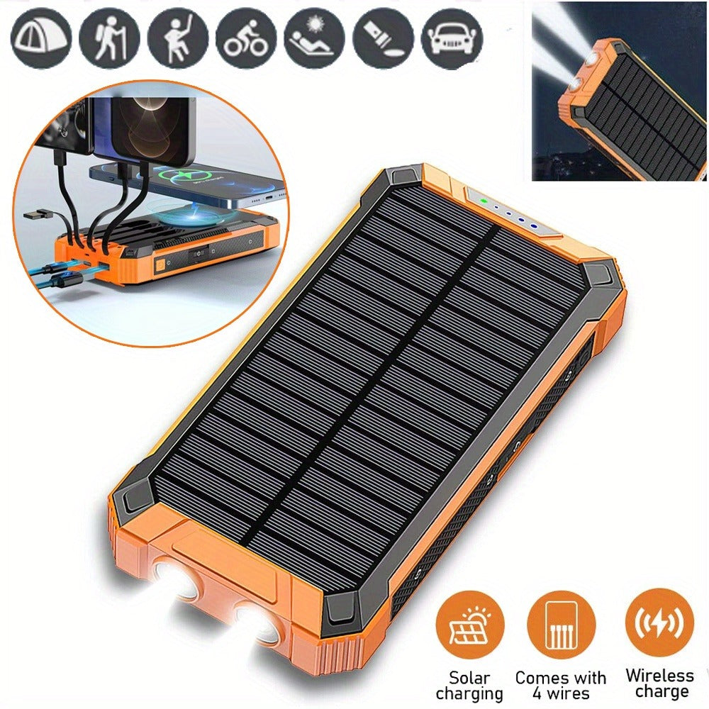 Solar Power Bank 40000mAh with Built-in 4 Cables & 15W Wireless Charging – 6 Outputs 3 Inputs Dual LED Flashlight Portable Charger