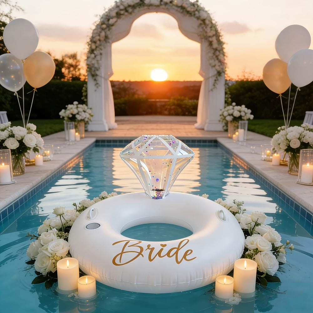 Giant Engagement Ring Pool Float, 49 x 31-Inch Inflatable in Gold, White or Pink for Bridal Pool Parties