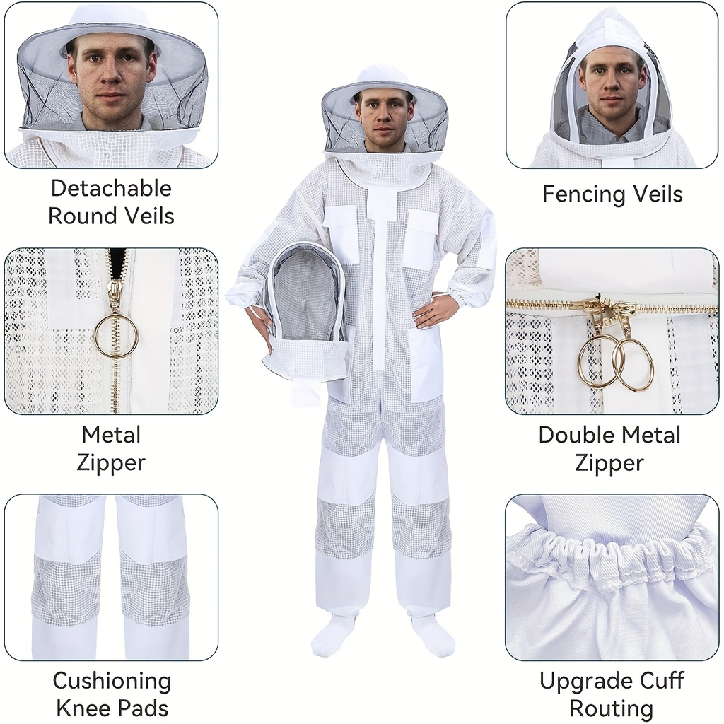 Beekeeping Suit Triple Layer Sting-Resistant Gloves 2 Veils S-3XL for Garden, Patio and Yard Use