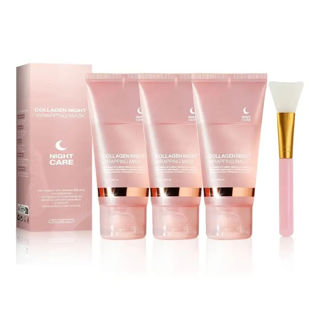 Collagen Night Wrap Mask with Jelly Brush 3pcs Hyaluronic Acid Deeply Moisturizing Nourishing Overnight Glossy Sleeping Mask for Women