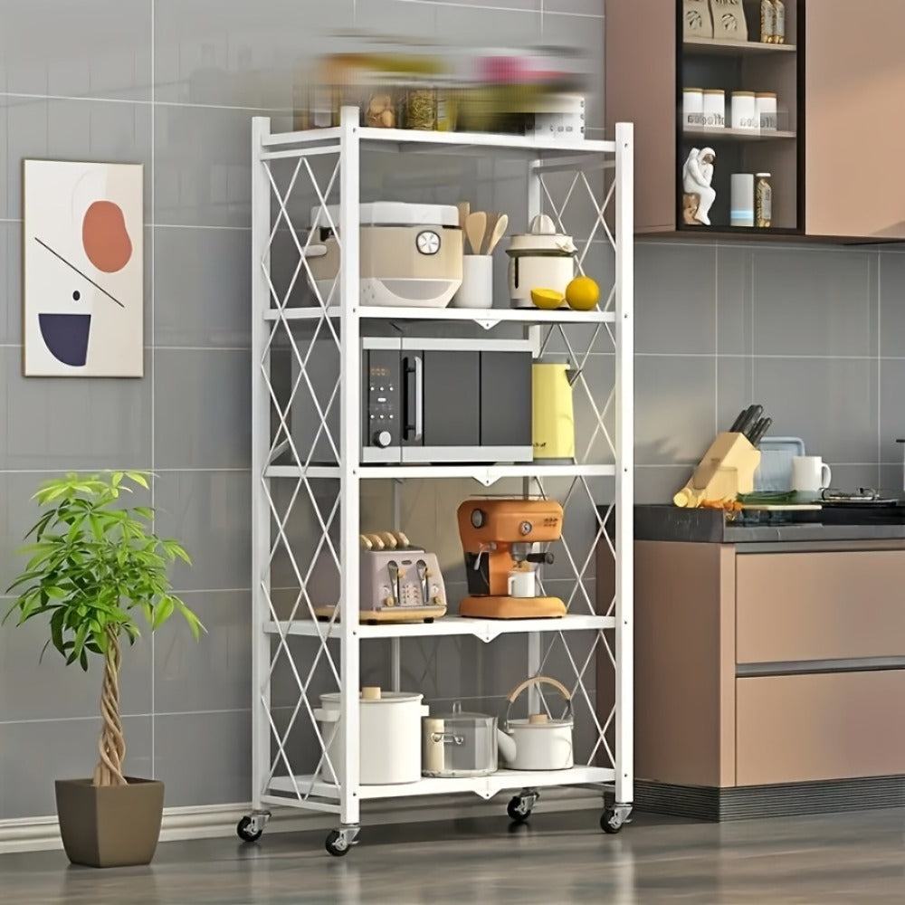Storage Rack 3-5 Tier Foldable Shelving Unit with Wheels – Portable Multi-Layer Floor Standing Utility Shelf Organizer for Bedroom Closet