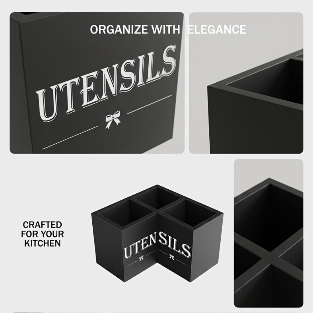 Utensil Caddy Kitchen Organizer 3-Compartment Solid Wood Countertop Holder in Black Farmhouse Style