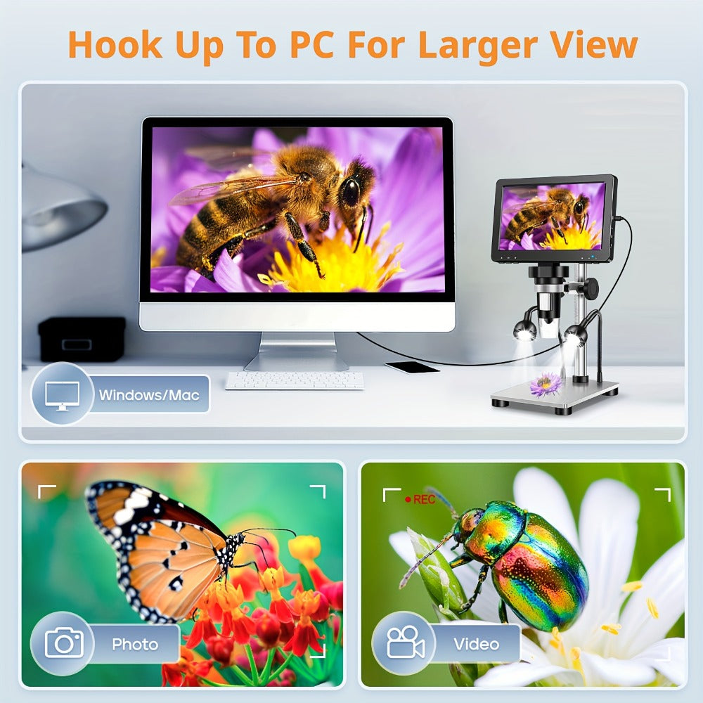 7 Inch LCD Digital Microscope 1200X Magnification, DM9 Coin Microscope 12MP Camera, 8 LED Lights, 32GB Card, Windows Compatible, USB Wired