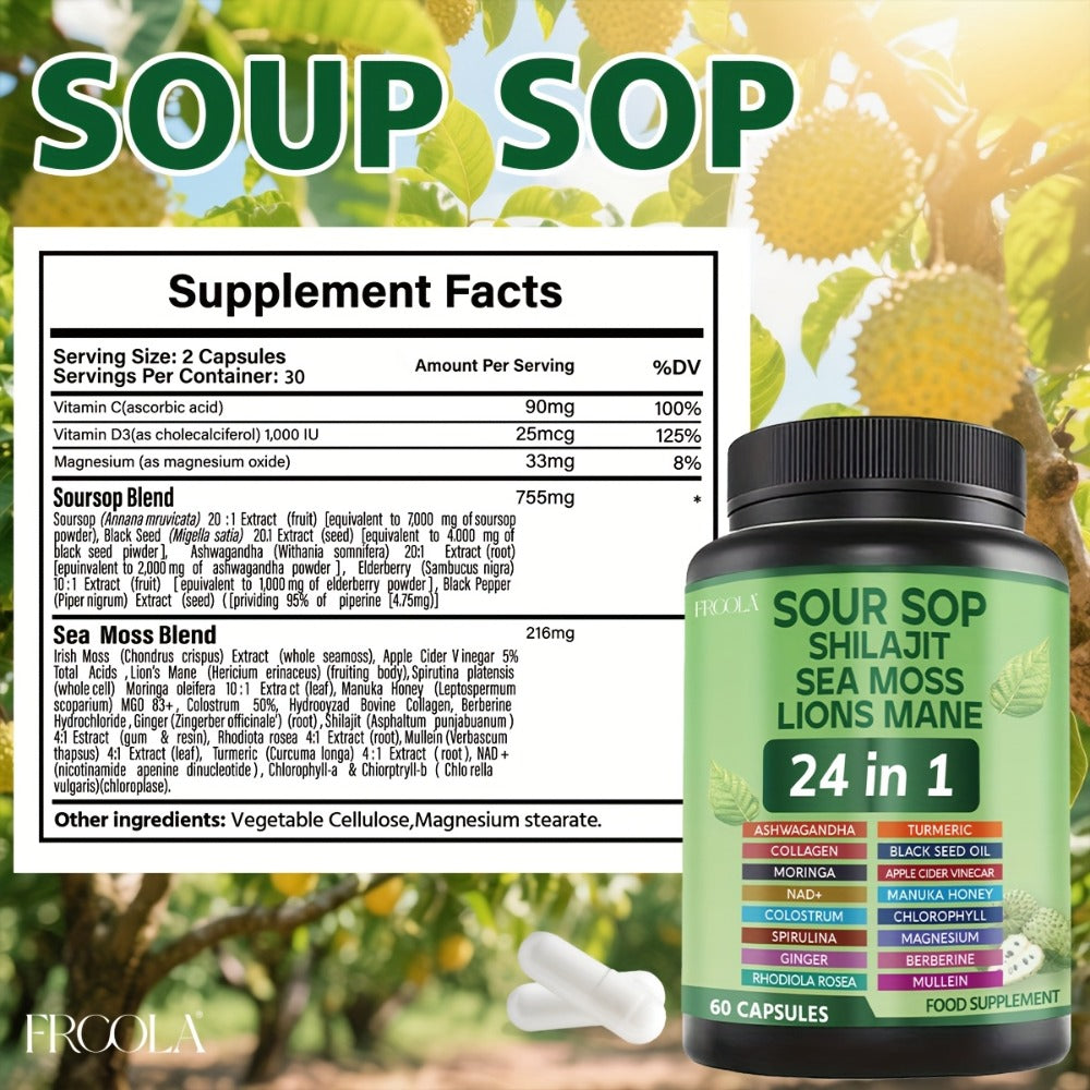 Soursop Graviola Supplement Capsules 24-in-1 with Sea Moss, Shilajit, Lion’s Mane, Vitamin D3, Black Seed Oil