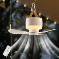 Hanging Three-Blade Camping Fan with Remote Control, Warm LED Light, White Housing and USB Rechargeable Power