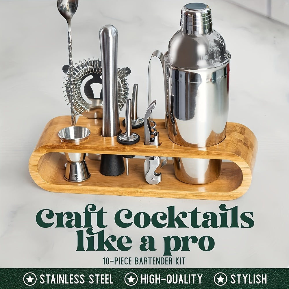 Bartender Kit 10 Piece Stainless Steel Bar Tool Set with Bamboo Stand Cocktail Shaker Mixing for Entryways, Bedrooms and Living Spaces