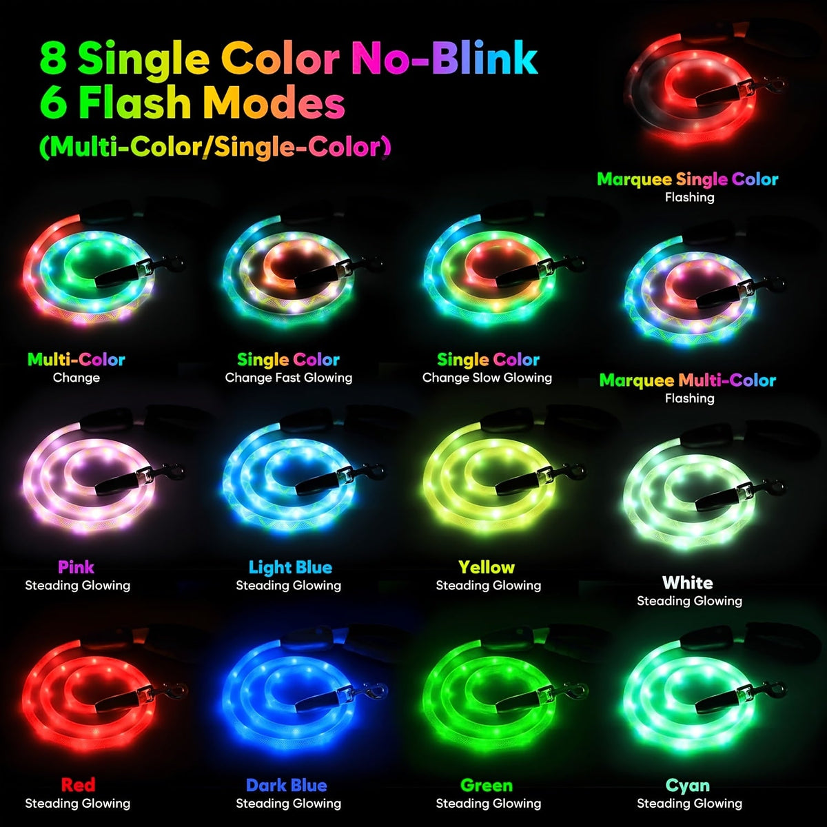 LED Dog Leash Light Up 4FT Rechargeable with 7 Lighting Modes, Glow in the Dark Reflective Double-Sided Lighted Dog Leash