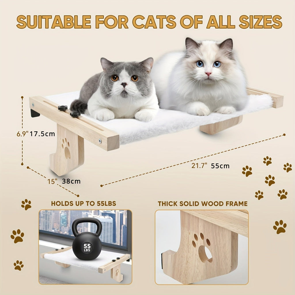 Cat Window Perch Hammock – Wood & Metal Frame Windowsill Seat for Large Indoor Cats, Adjustable Cat Shelf for Window Sill Bedside Drawer