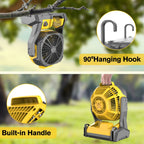 Yellow Cordless Work Fan for Select DeWalt 20V Max Batteries with LED Light, Hanging Hook and Adjustable Tilt, Battery Not Included