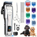 Dog Grooming Clippers Professional Kit – Low Noise Rechargeable Pet Hair Trimmer with Ceramic Blade, 8 Guards, Scissors & Comb for Dogs