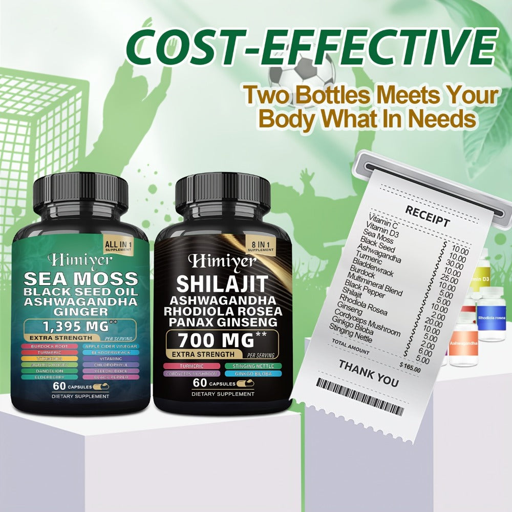 Sea Moss 7000mg & Shilajit Supplement Bundle, Black Seed Oil 4000mg, Ashwagandha 2000mg, Panax Ginseng 1500mg