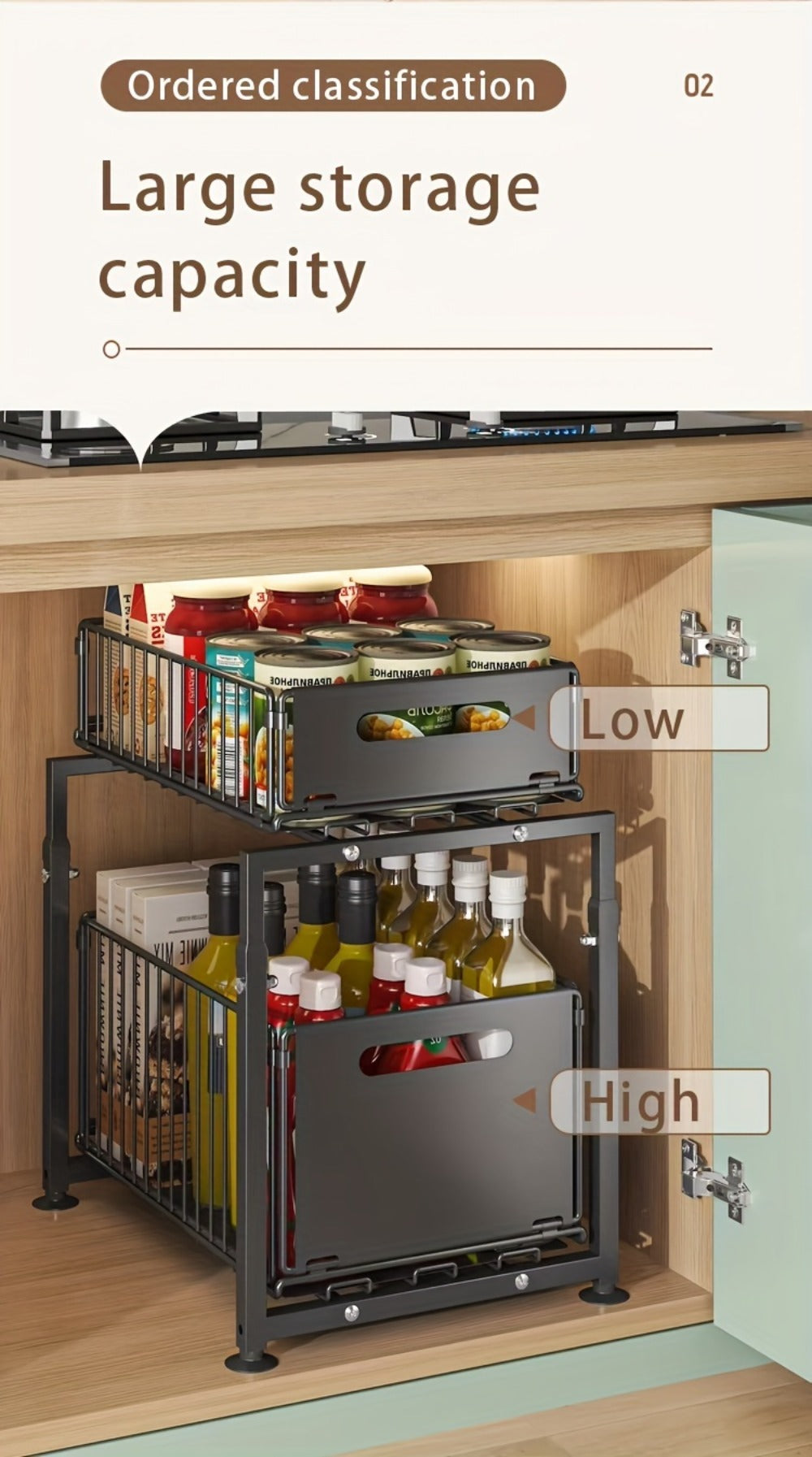 Under Sink Organizer 2-Tier Slide Out Pull Out Drawer Metal Basket Height Adjustable – Under Sink Cabinet Organizer for Kitchen Bathroom