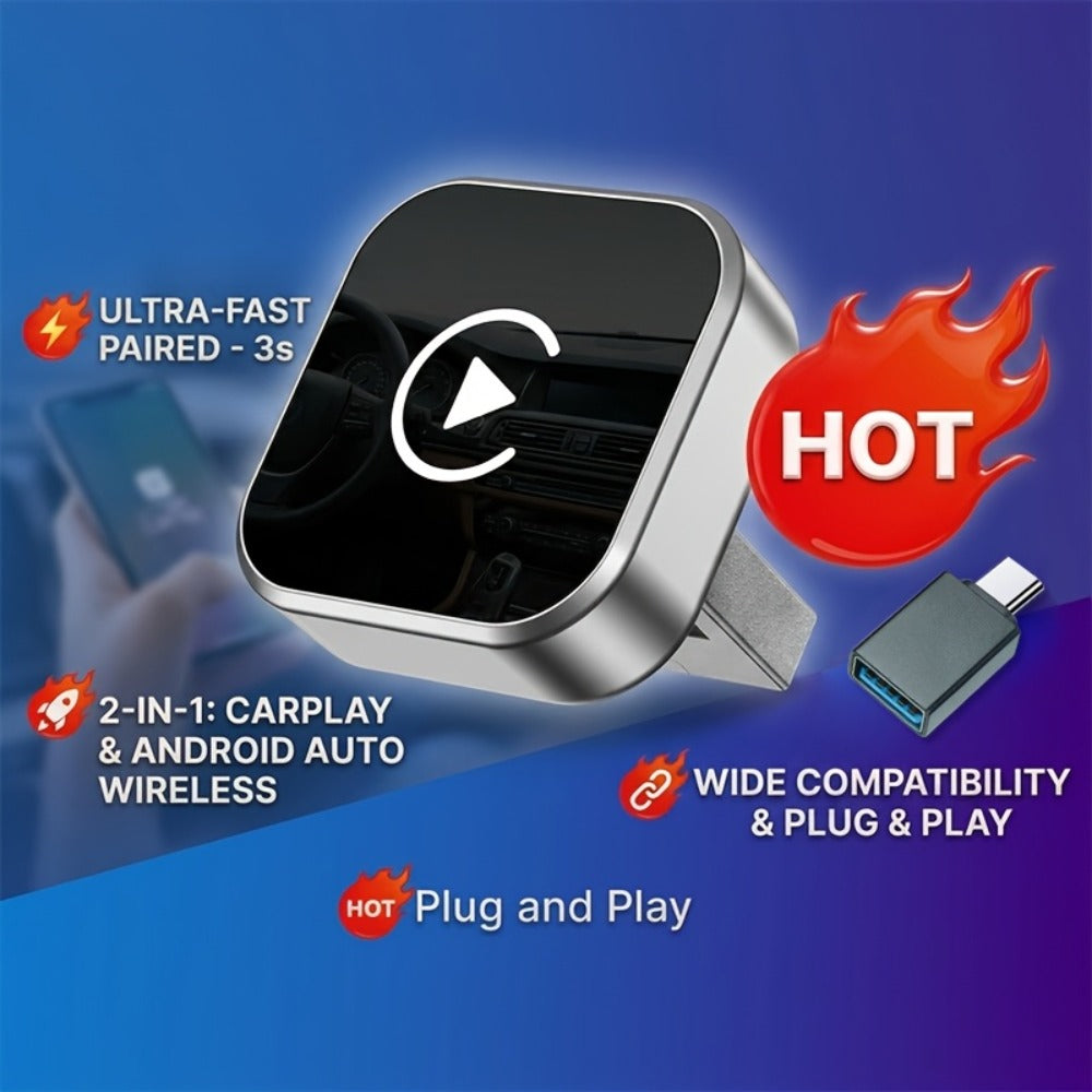 Wireless CarPlay Adapter 2-in-1 for iPhone & Android Auto, Mini USB-C Dongle, Convert Wired to Wireless, Plug & Play, Auto Connect