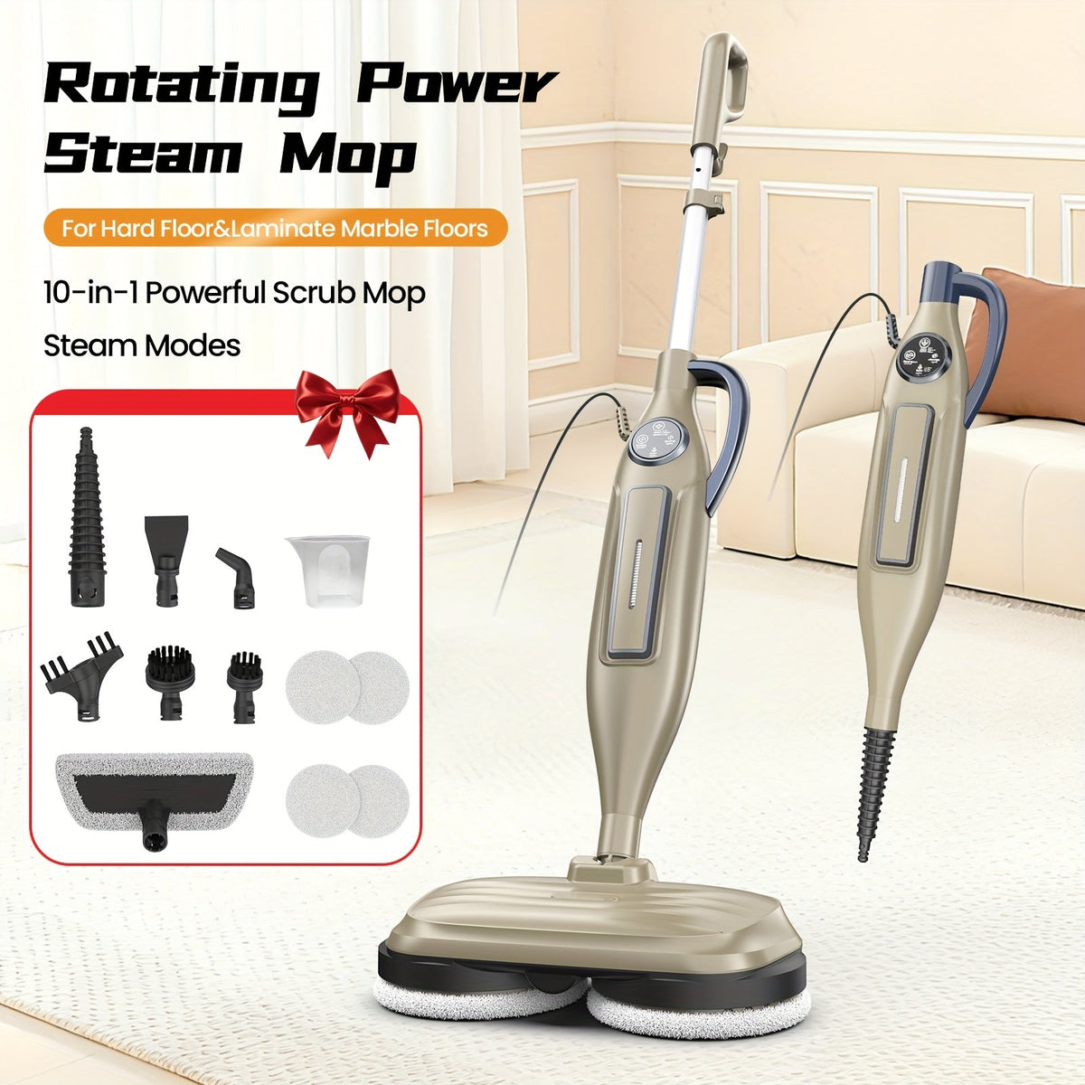Steam Mop 10-in-1 Spinning Rotating Mop Pads with Steam Blaster Technology - 3 Steam Modes, LED Headlights