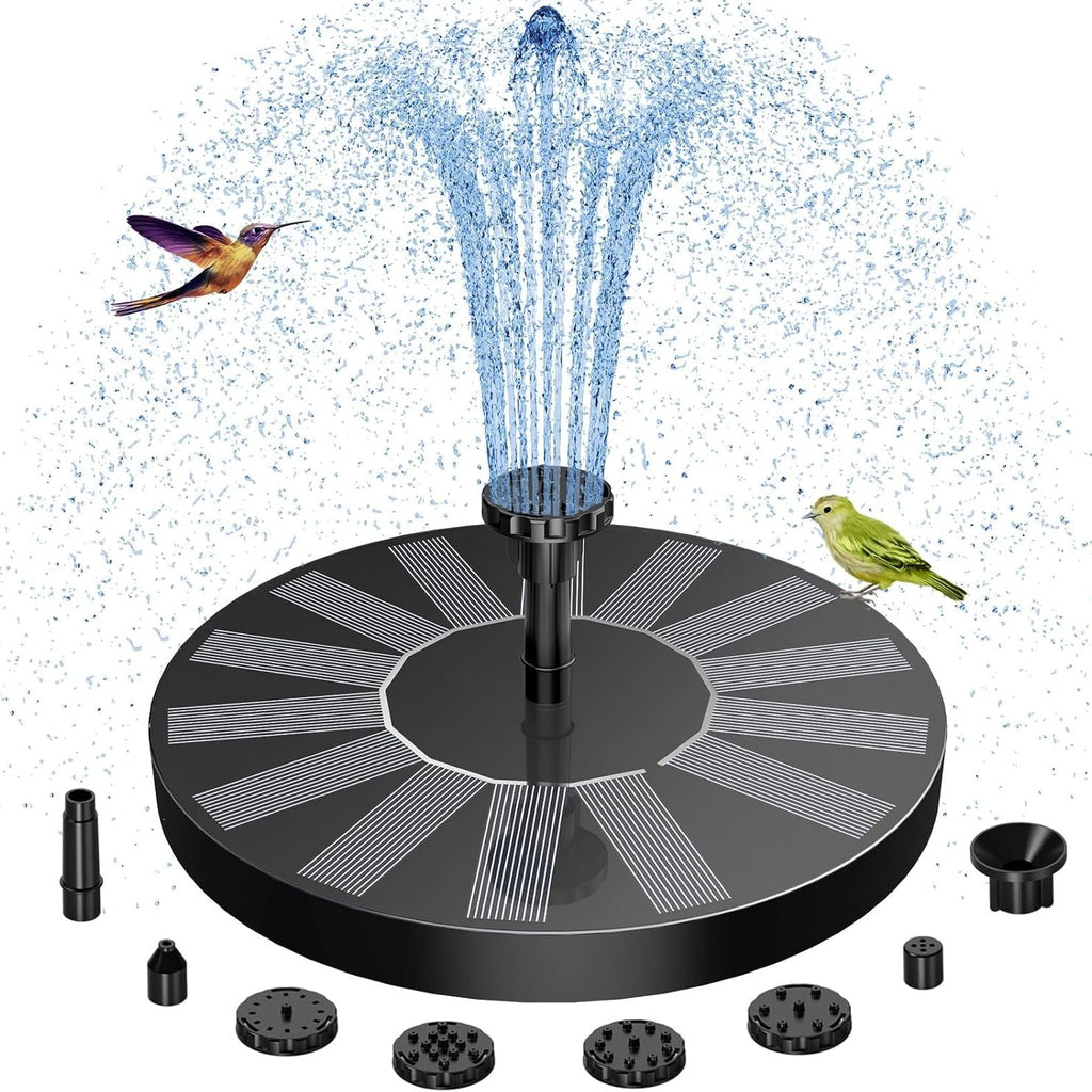 Black Floating Solar Fountain Pump with 16 cm Disc and Interchangeable Spray-Head Fittings
