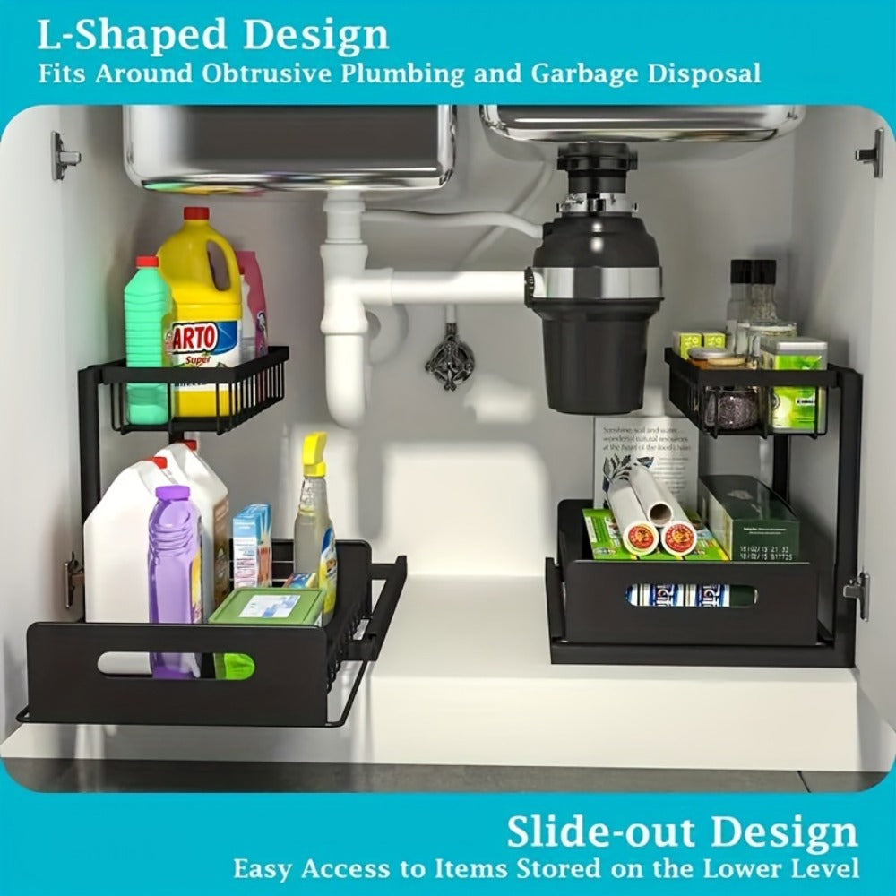 Under Sink Storage Organizer 2-Tier Slide-Out Shelf in 1 or 2 Packs and Three Color Options