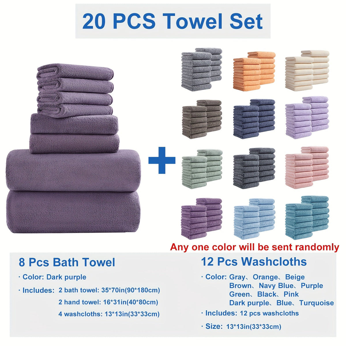 Bath Towel Set 20 Piece 100% Microfiber Absorbent Quick Dry Soft Extra Large Bath Sheets 8 Bath Towels 12 Washcloths Home Bathroom Spa Gift