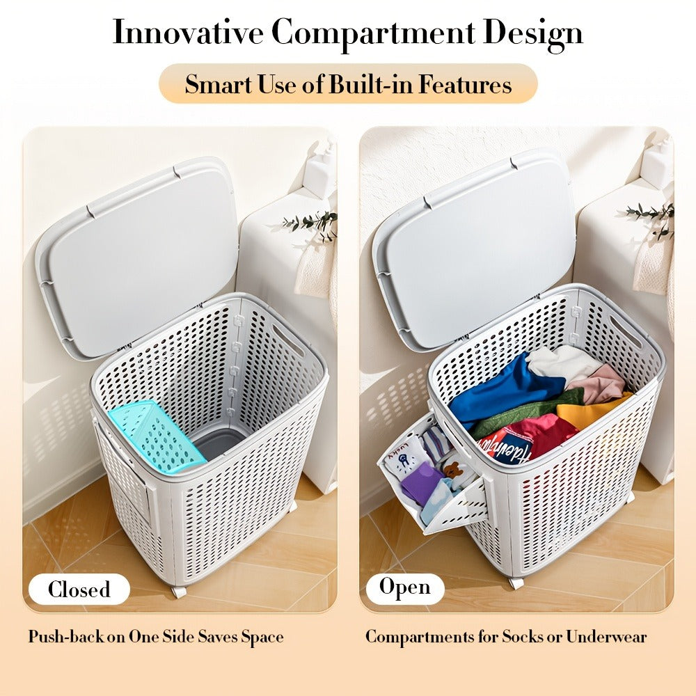 Wheeled Laundry Hamper Large Foldable with Dividers & Dust-Proof Lid – 360° Breathable Mesh Basket on Wheels, Reinforced Steel Base
