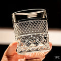 Single Embossed Whiskey Tumbler with Square Rim, Diamond-Cut Pattern and Thick Clear Base for Home Bar Service