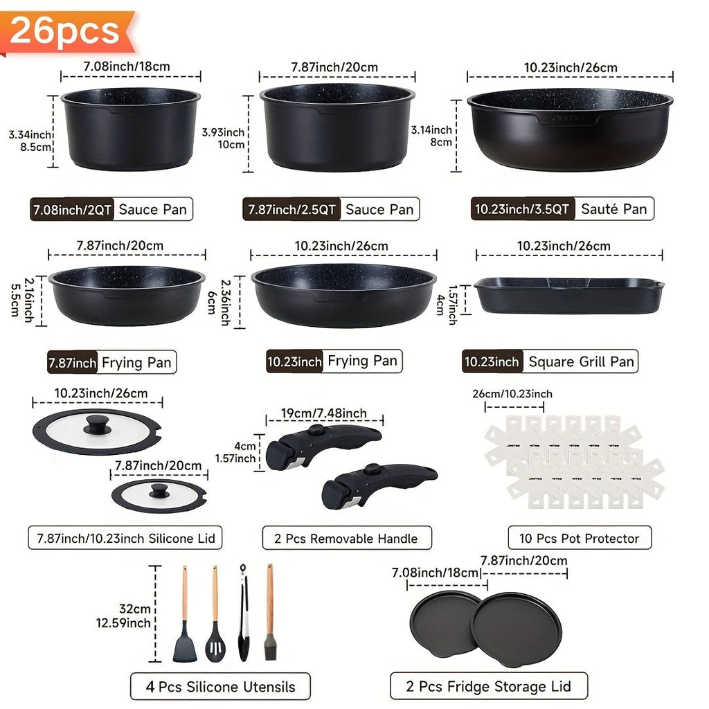 Cookware Set A Dinnerware 16- or 26-Piece Detachable-Handle Pots and Pans in Black or Beige for Compact Storage