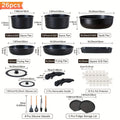 Cookware Set A Dinnerware 16- or 26-Piece Detachable-Handle Pots and Pans in Black or Beige for Compact Storage