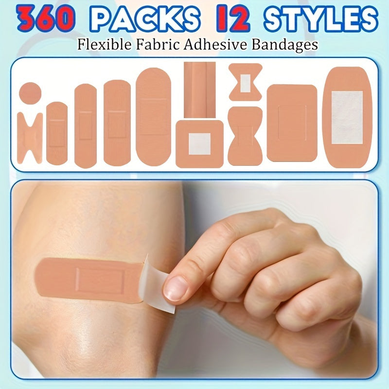 Adhesive Bandages 360pcs – Flexible Fabric Fingertip & Knuckle Bandages Set, Breathable Cloth Elastic First Aid Bandages in 12 Assorted