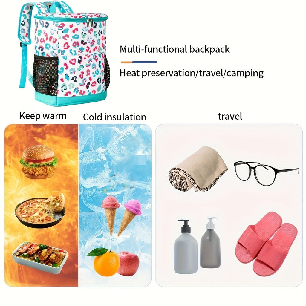 Insulated Cooler Backpack 30-Can Capacity, Leopard Print Portable Lunch Bag with Mesh Side Pockets & Adjustable Straps