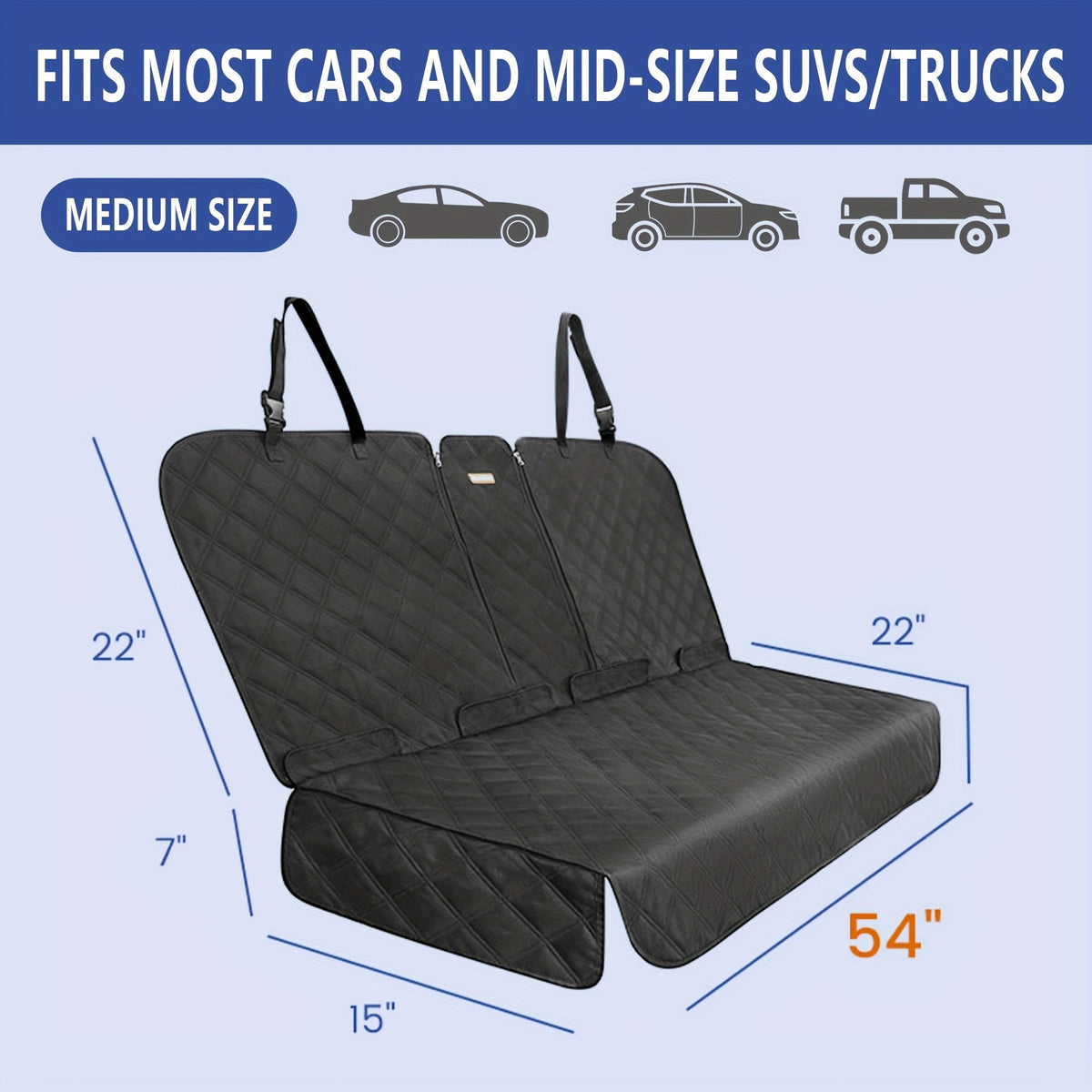 Quilted Car Back Seat Bench Cover in 54- or 60-Inch Widths with Seat-Belt Openings and Non-Slip Backing