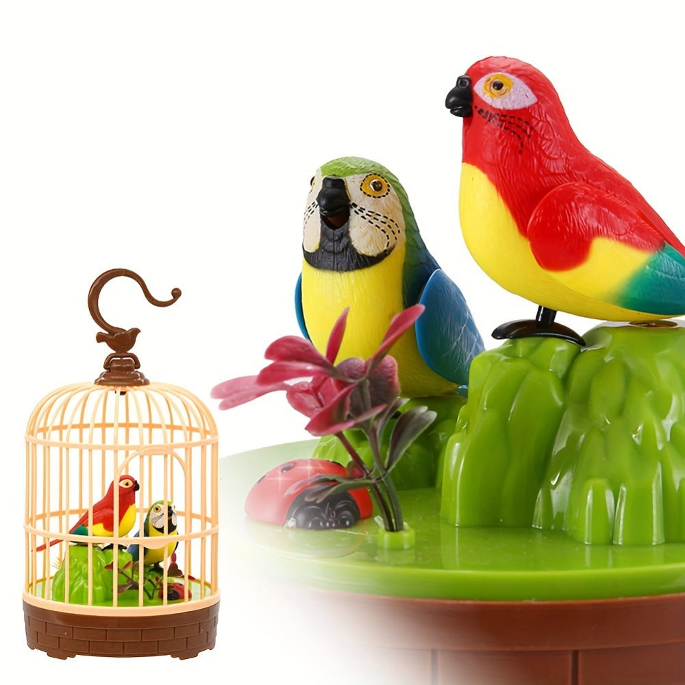 Mini Voice-Activated Birdcage Toy, Chirping & Wing-Fluttering Parrot, Interactive Sound-Responsive Animal Toy