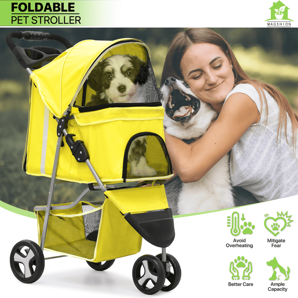 Three-Wheel Pet Stroller with Folding Mesh Cabin, Cup Tray, Lower Basket and Eleven Color or Print Options