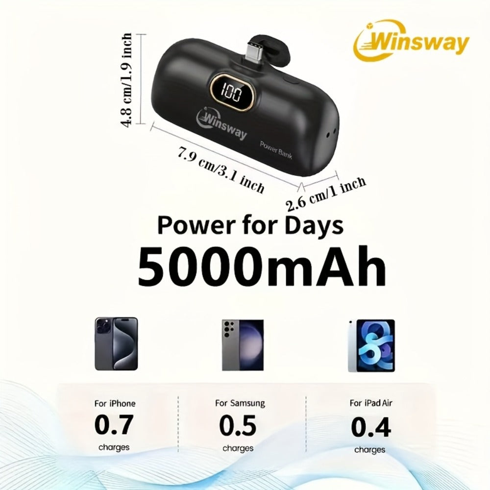 Winsway 5000mAh Mini Portable Charger Type-C Metal Plug with LED LCD Display for an Everyday Personal Care Routine