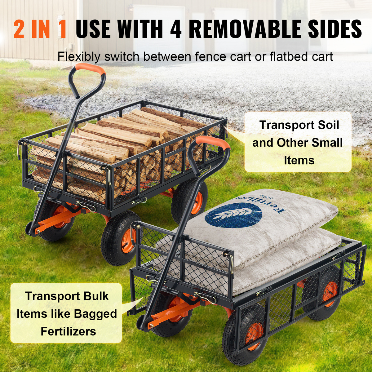 Garden Dump Cart Convertible Flatbed Utility Wheelbarrow with 2-in-1 Handle, Removable Side Panels