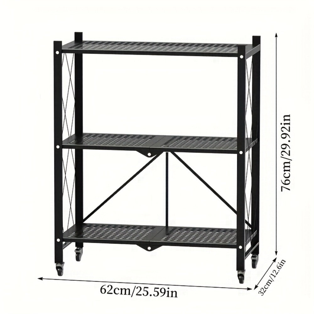 Heavy Duty Storage Rack with Wheels 3-Layer Foldable Metal Shelving Unit 750 LBS Capacity, Rolling Utility Cart for Garage Kitchen Pantry