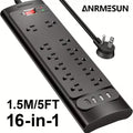 Surge Protector Power Strip 16-in-1 ANRMESUN with 12 AC Outlets, 3 USB-A, 1 USB-C, 2980J Marking and 5 ft Cord