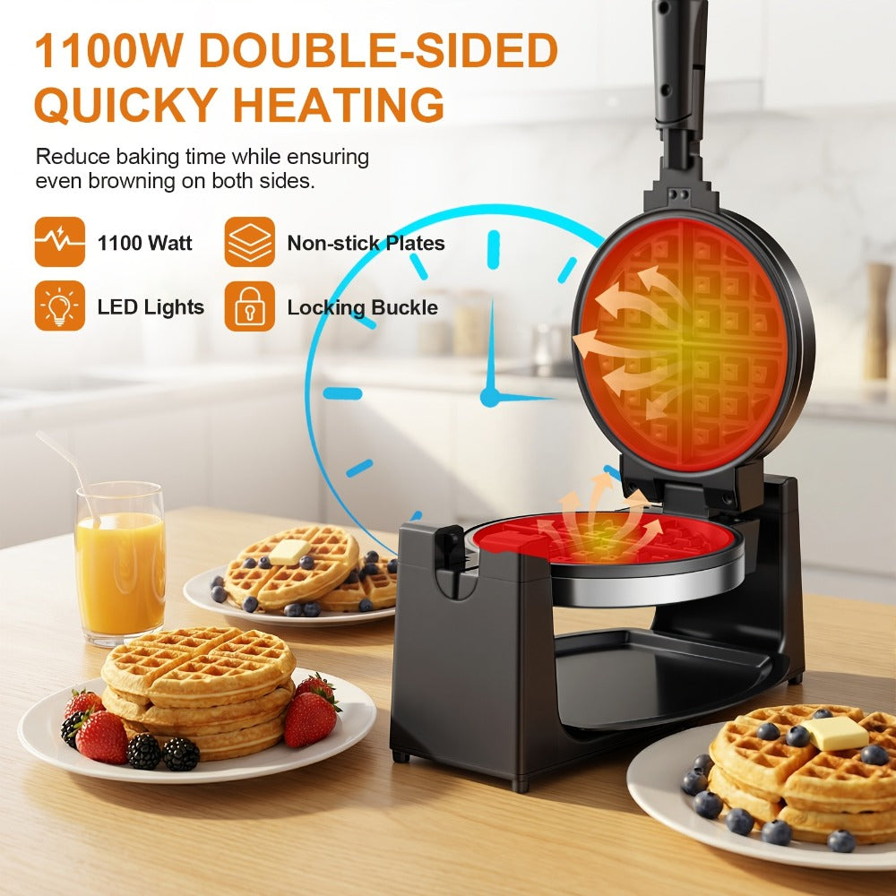 Rotating Waffle Maker with Round Plates, Browning Dial and Silvery, Double-Iron or Black-and-White Options