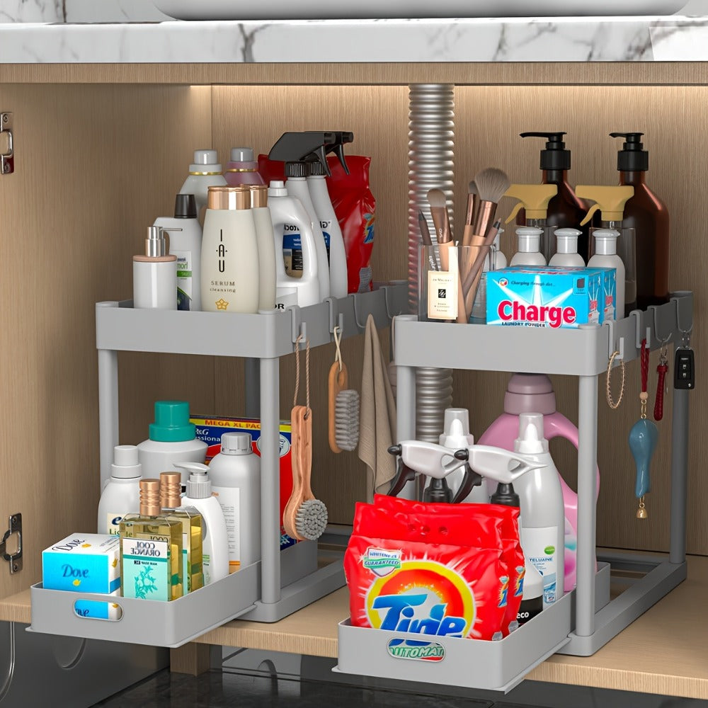 Under Sink Storage Organizer Set of 2 with Dual-Tier Sliding Baskets and 8 Hooks in Three Colors