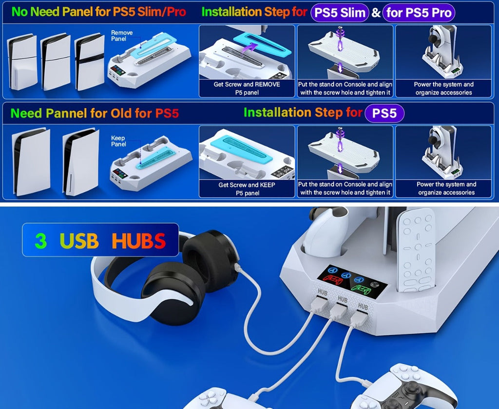 Five-in-One Console Stand Compatible with PS5 Models, Dual Controller Dock, Fan, USB Hub and Headset Holder
