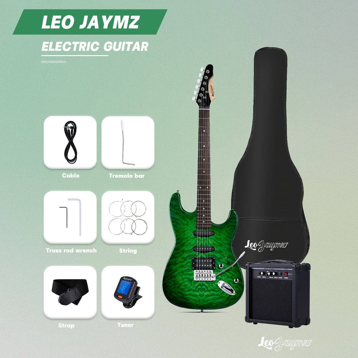Electric Guitar Leo Jaymz 39 Inch Ocean Green SSH Model with 20W Amplifier, Tremolo Bridge and Accessory Set