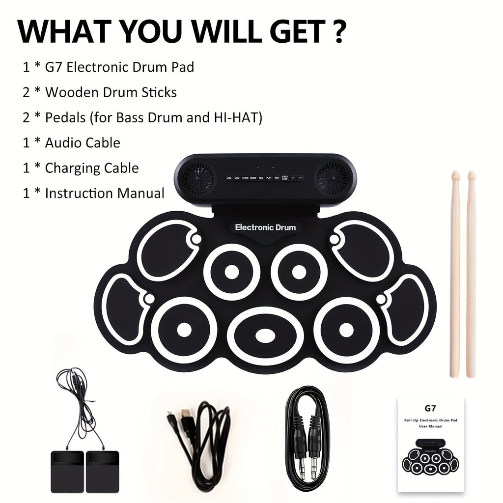 Electronic Drum Kit, Portable, Set, 9-Pads, Roll-Up for Electronic Drum Practice