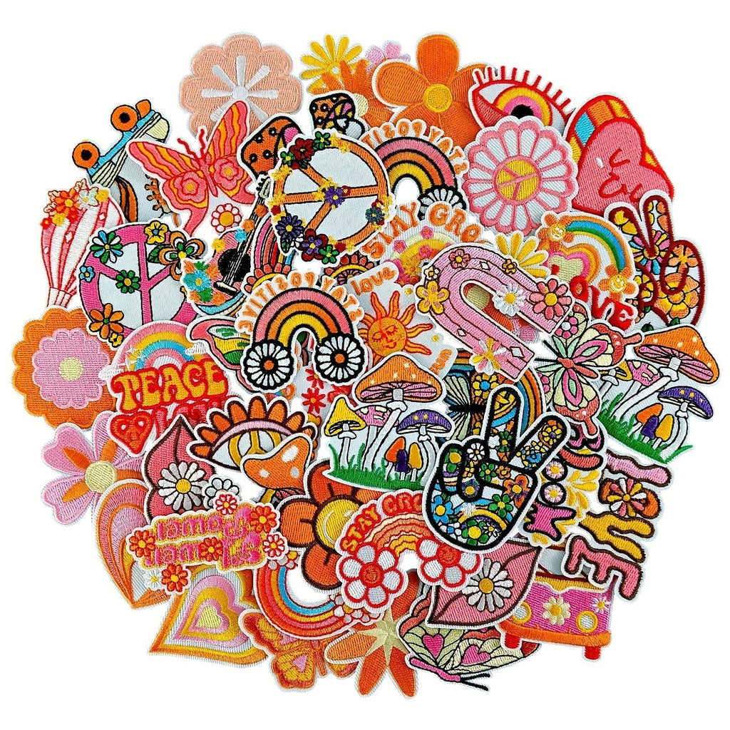 Embroidered Patch Set, 48 Multicolor Bohemian Motifs with Knit Polyester and Iron-On or Sew-On Application