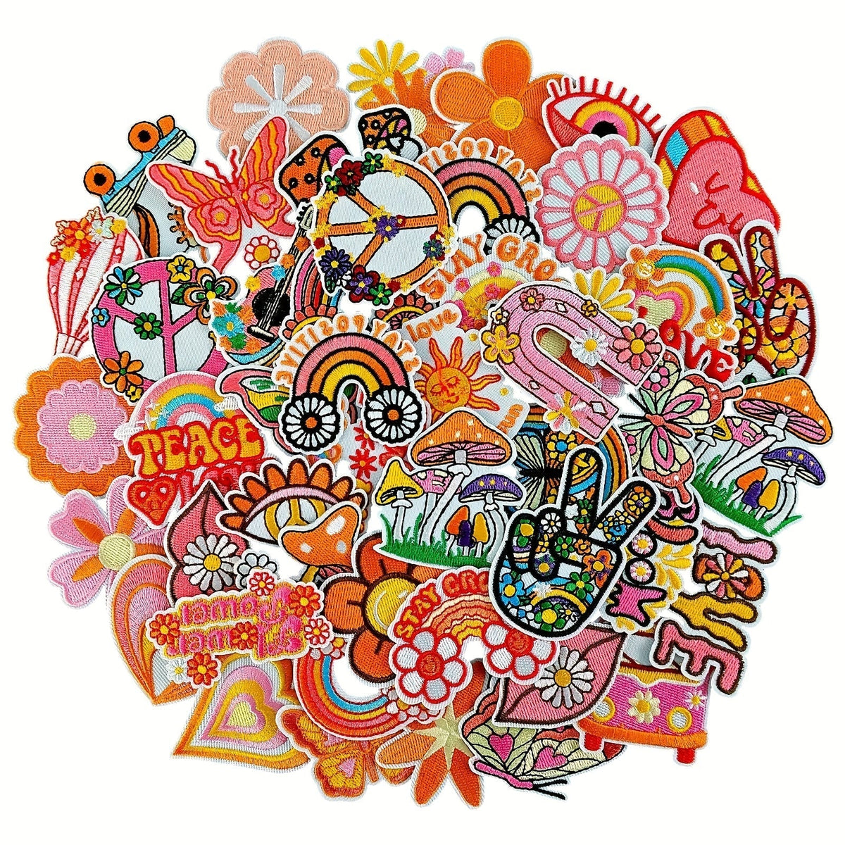 Embroidered Patch Set, 48 Multicolor Bohemian Motifs with Knit Polyester and Iron-On or Sew-On Application