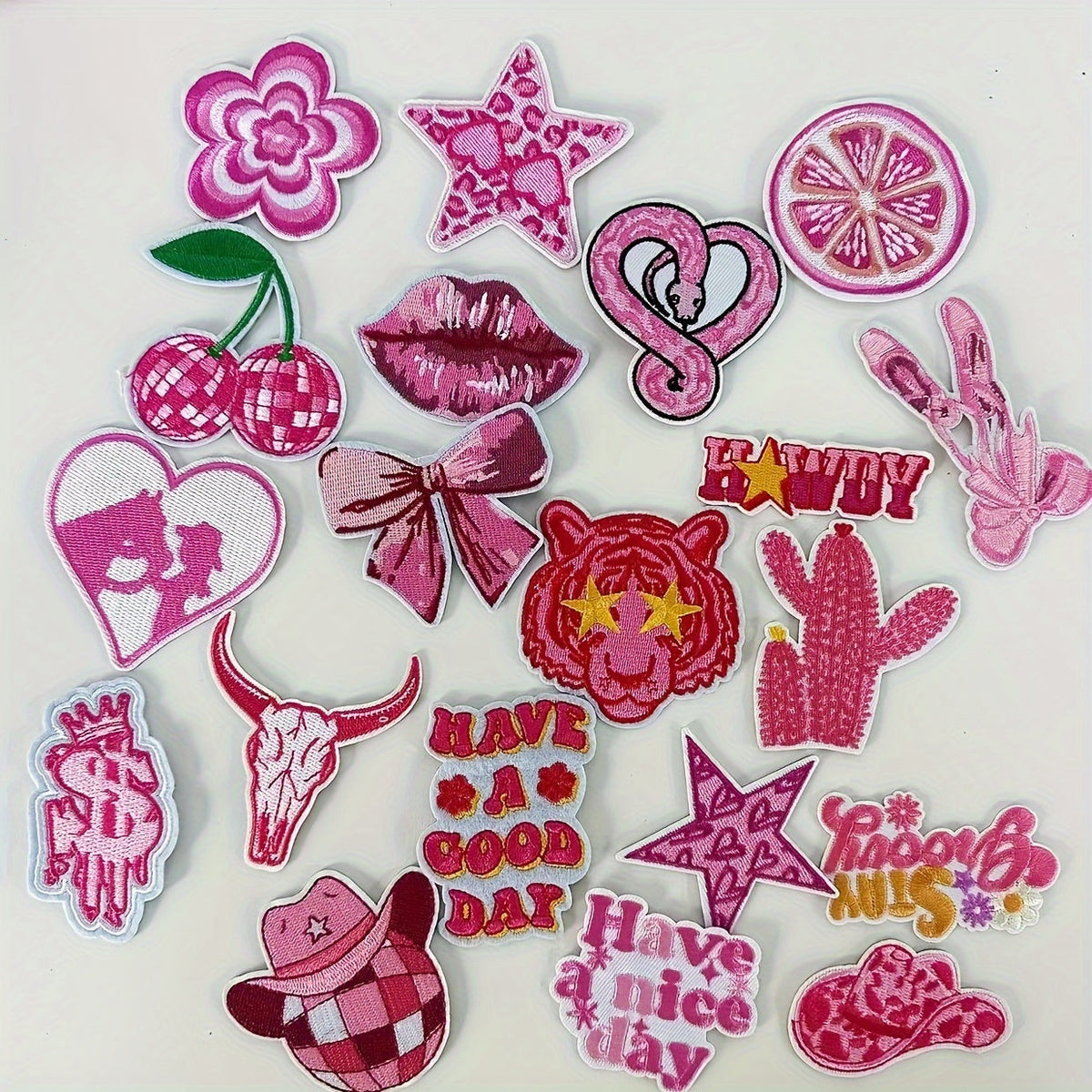 Embroidered Patch Set, 20 Pink Y2K Hearts, Flowers, Stars and Fashion Silhouette Motifs with Iron-On Backing