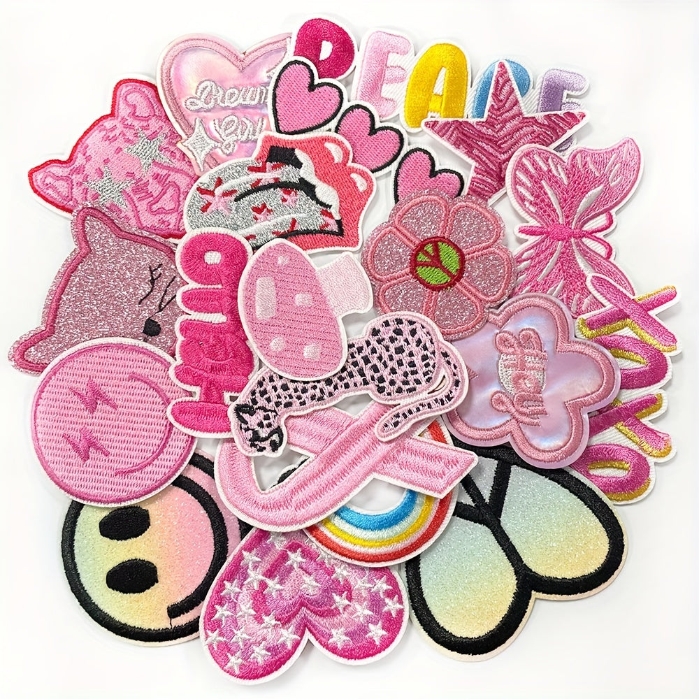 Embroidered Patch Set, 20 Pink Y2K Hearts, Flowers, Stars and Fashion Silhouette Motifs with Iron-On Backing